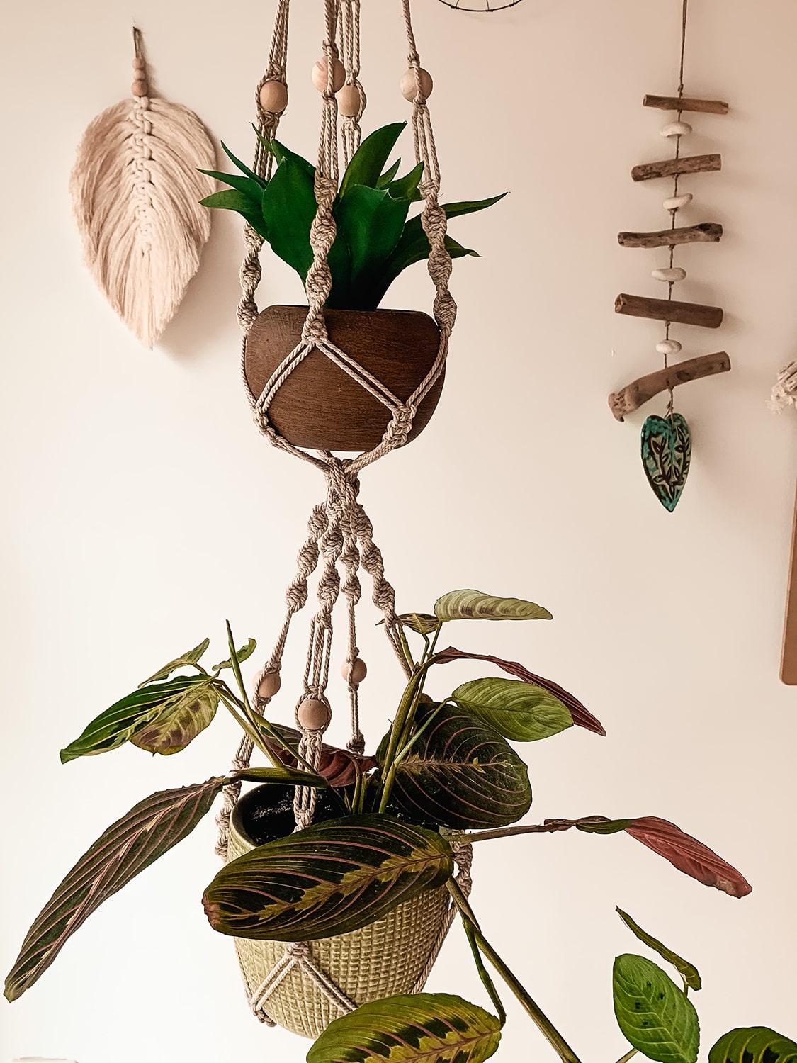 Double suspension pour plantes en macramé