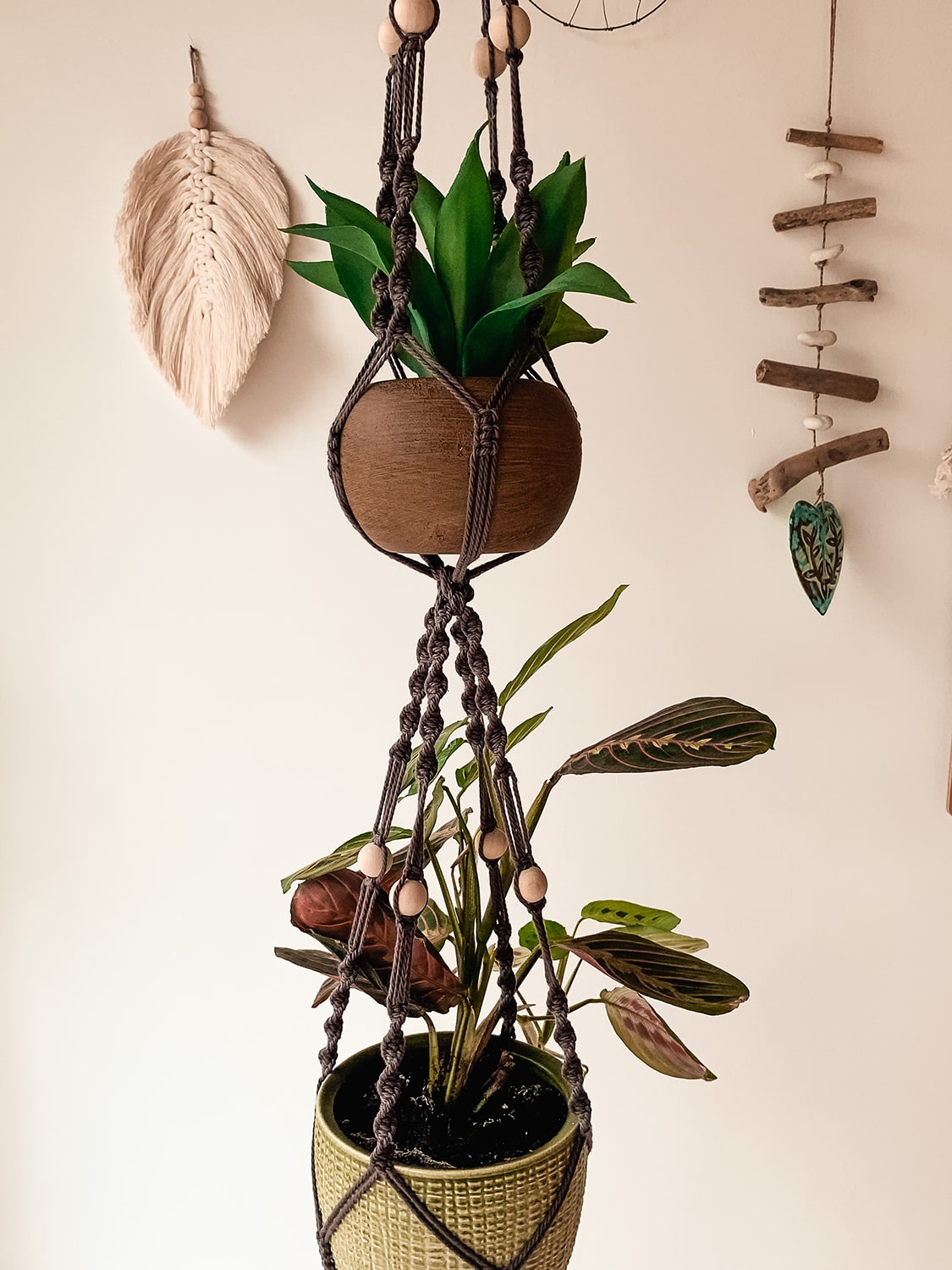 Double suspension pour plantes en macramé